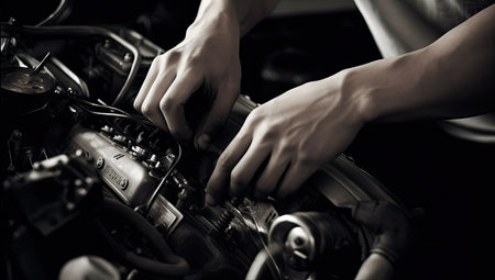 Auto mechanic working on a car engine in auto repair shop garage.の素材