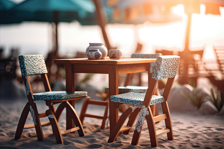Wooden table and chairs on the beach at sunset. Vintage style.の素材