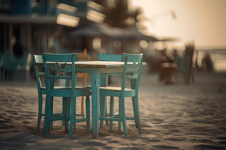 Table and chairs on the beach at sunset. Selective focus.の素材