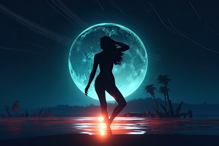 Woman in the sea with full moon at night. 3D renderingの素材