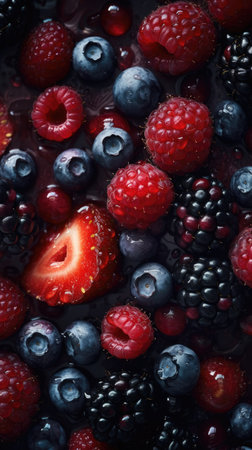 Berries background. Blackberry, raspberries, blueberries and strawberriesの素材