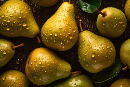 Ripe pears with water drops on wooden background. Top viewの素材