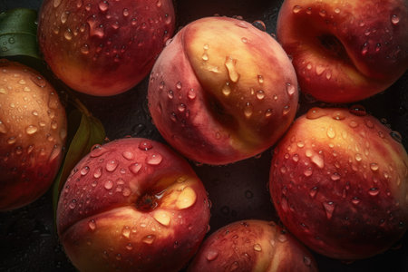 Fresh ripe peaches with water drops on black background, top viewの素材