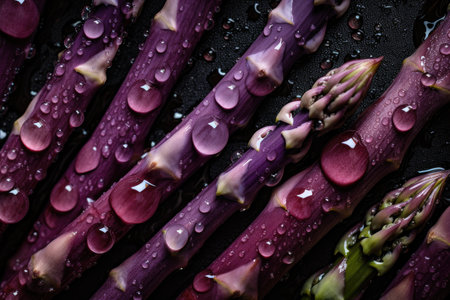 Fresh purple asparagus with water drops on a black background.の素材
