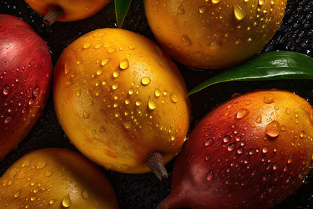 Fresh ripe mangoes with water drops on black background, closeupの素材