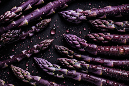 Bunch of fresh purple asparagus on black background with water dropsの素材