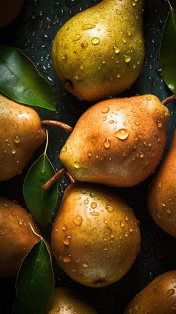 Ripe pears with leaves on dark background. Top view.の素材
