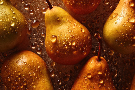 Ripe pears with water drops on brown background, closeupの素材
