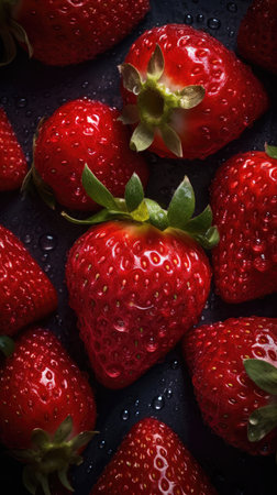 Strawberries with water drops on dark background. Close up.の素材