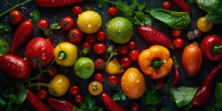 Fresh vegetables on a dark background. Red, yellow, green, orange, red peppers, tomatoes.の素材