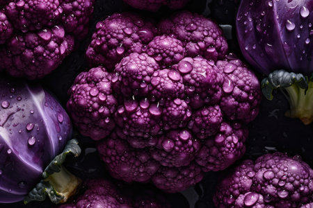 Purple cauliflower with water drops on black background. Healthy food.の素材