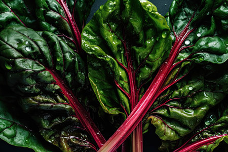 Fresh chard leaves on black background. Top view. Copy space.の素材
