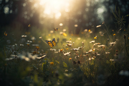 Butterfly on a flower meadow in the rays of the setting sunの素材