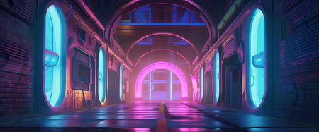 3D rendering. Futuristic corridor with neon lights. 3D illustration.の素材