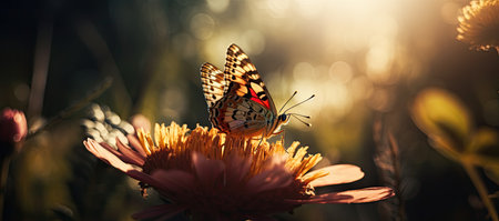 Butterfly on a flower in the rays of the setting sunの素材