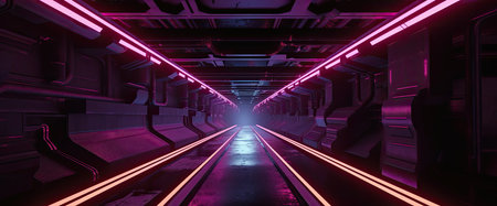 3D rendering of futuristic scifi tunnel corridor with glowing neon lightsの素材