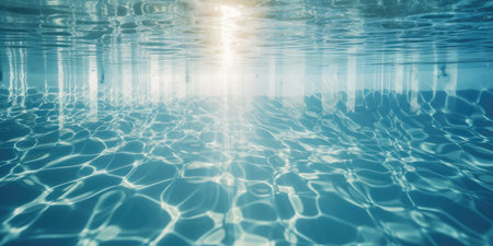 Swimming pool water surface with sun light reflection. Underwater backgroundの素材
