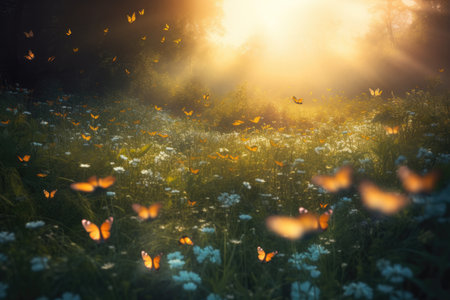 Sunset in the meadow with wildflowers and butterflies.の素材