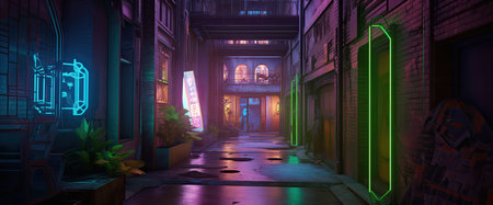 Futuristic hallway with glowing neon lights, 3d render illustrationの素材