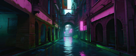 3d illustration of a night city with neon lights. 3d renderingの素材