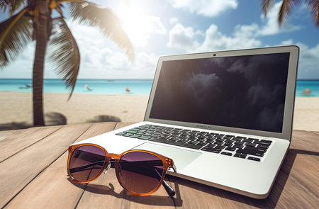 Laptop with sunglasses on the beach. 3d rendering. Vintage tone.の素材