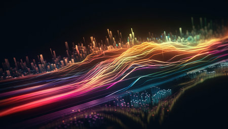 Futuristic technology wave background design with lights and bokehの素材