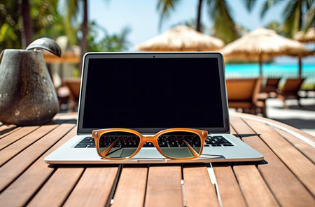 Laptop with sunglasses on the table near the swimming pool. Summer vacation conceptの素材