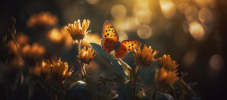 Butterfly on a yellow flower in the rays of the setting sunの素材