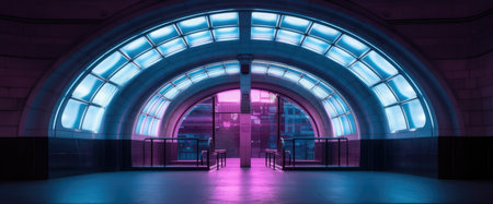 3D rendering of a futuristic corridor with neon lights in the backgroundの素材
