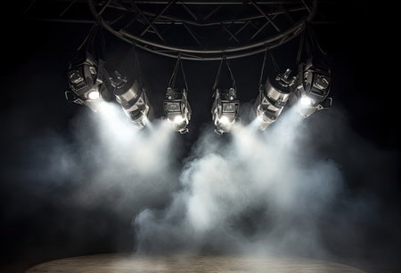 Spotlights on stage with smoke and fog. 3D Renderingの素材