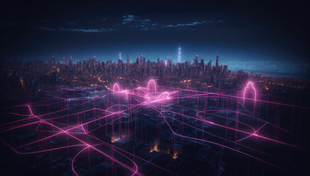 3D rendering of futuristic city at night. Futuristic cityscape with neon lights.の素材