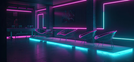 3d render. Futuristic interior of the night club with neon lampsの素材