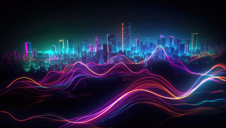 abstract glowing lines on dark background with cityscape, 3d illustrationの素材