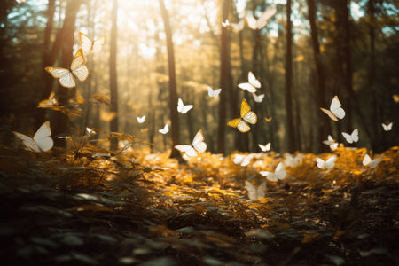 Beautiful butterflies flying in the forest at sunset. Nature background.の素材