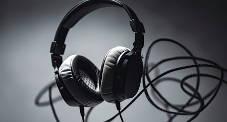 Headphones with cable on grey background, closeup. Music conceptの素材