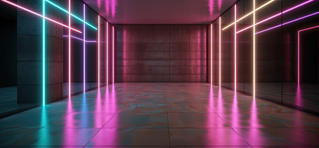 3D rendering. Futuristic corridor with neon lights. Sci-fi background.の素材