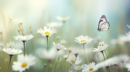 White daisies and butterfly on the meadow. Spring nature backgroundの素材