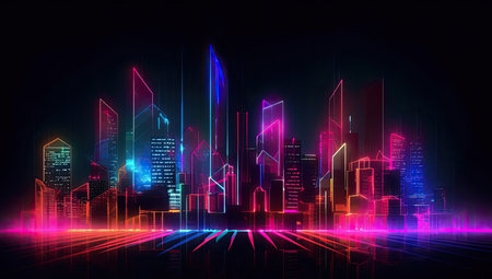 abstract futuristic city with neon lights on dark background. 3d renderingの素材