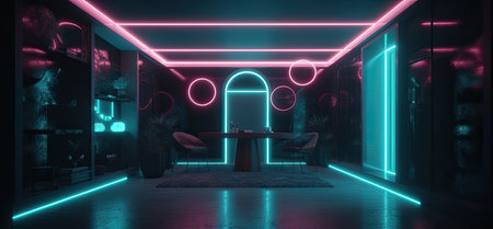 3D rendering of Futuristic corridor with neon lights and a tableの素材