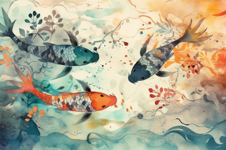 Koi fish on watercolor background. Hand drawn watercolor illustrationの素材