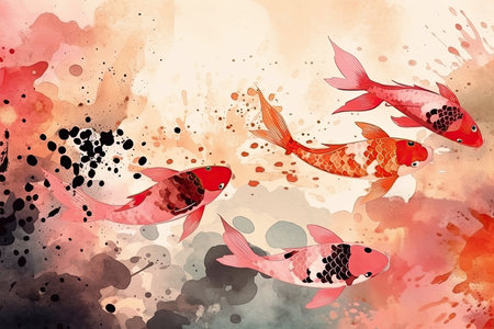 Watercolor background with koi fish. Hand drawn vector illustration.の素材