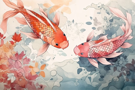 Koi fish on watercolor background. Hand drawn vector illustration.の素材