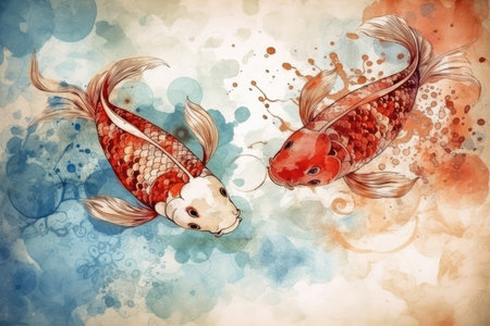 Watercolor background with koi fish. Hand drawn vector illustration.の素材