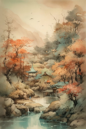 Watercolor painting of autumn landscape with japanese pagoda and riverの素材