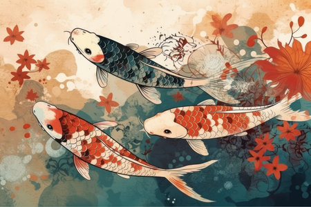 Koi fish on a watercolor background. Hand drawn vector illustration.の素材