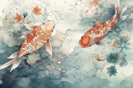 Koi fish on autumn background. Japanese style. Vector illustration.の素材