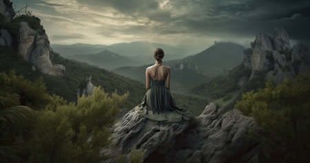 Beautiful woman in a long dress sits on the edge of a cliff in the mountainsの素材