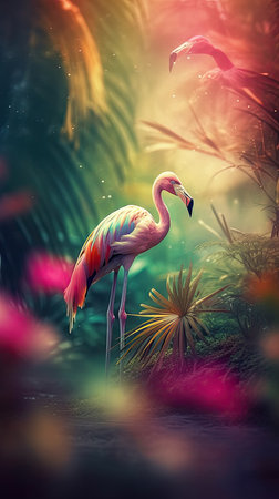 Flamingo in the jungle with tropical plants. 3D renderingの素材