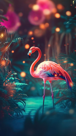Flamingo in tropical jungle. Exotic background. 3D Renderingの素材