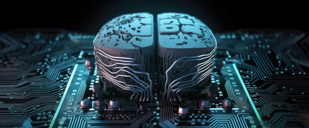 Close-up view of a circuit board with human brain 3D renderingの素材
